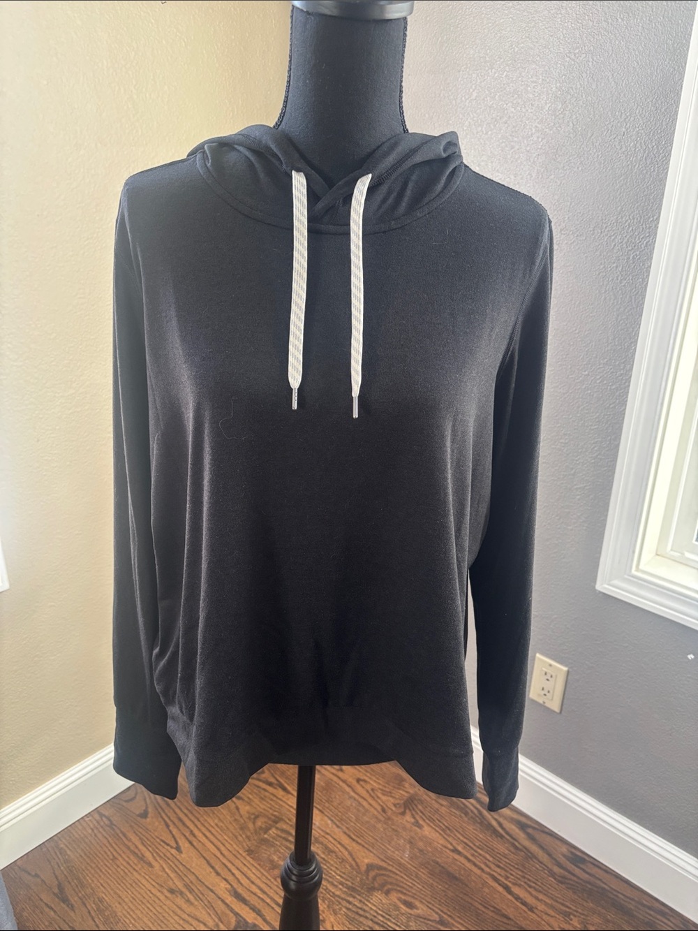 Vuori Black Lightweight Hooded Pullover with White Drawstrings
